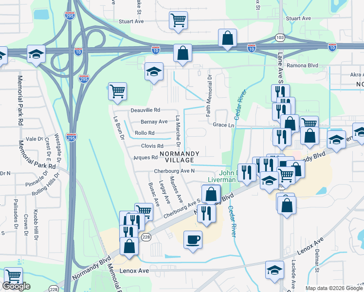 map of restaurants, bars, coffee shops, grocery stores, and more near 925 La Marche Drive in Jacksonville