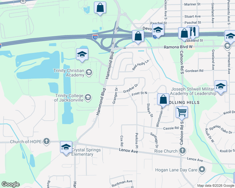 map of restaurants, bars, coffee shops, grocery stores, and more near 8542 Graybar Drive in Jacksonville