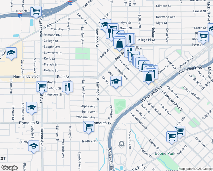 map of restaurants, bars, coffee shops, grocery stores, and more near 1052 Lark Street in Jacksonville