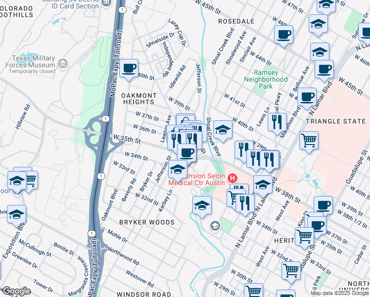 map of restaurants, bars, coffee shops, grocery stores, and more near 3503 Kerbey Lane in Austin