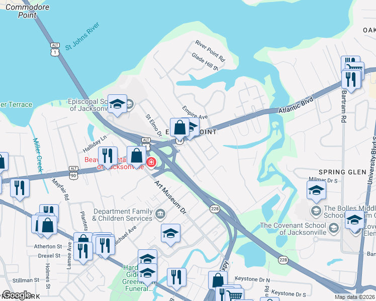 map of restaurants, bars, coffee shops, grocery stores, and more near 1659 Shadowood Lane in Jacksonville