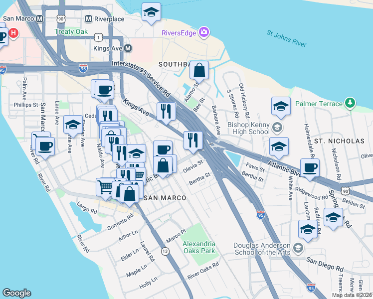 map of restaurants, bars, coffee shops, grocery stores, and more near in 