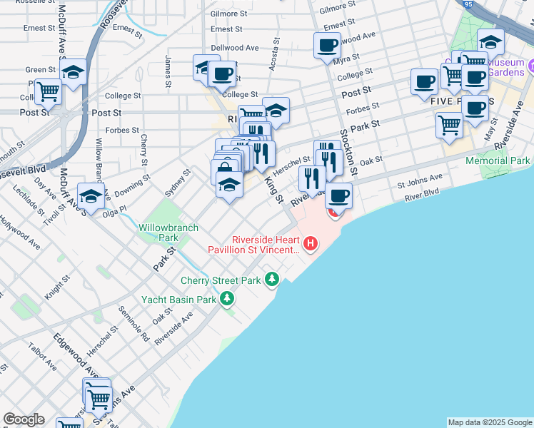 map of restaurants, bars, coffee shops, grocery stores, and more near 2730 Riverside Avenue in Jacksonville