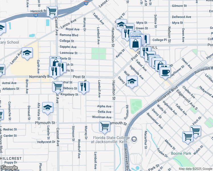 map of restaurants, bars, coffee shops, grocery stores, and more near 4531 Attleboro Street in Jacksonville