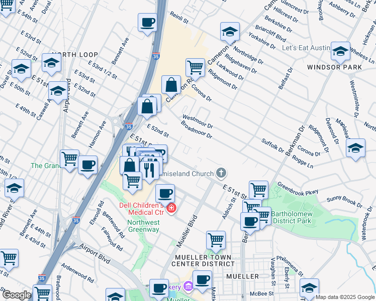 map of restaurants, bars, coffee shops, grocery stores, and more near 1308 East 51st Street in Austin