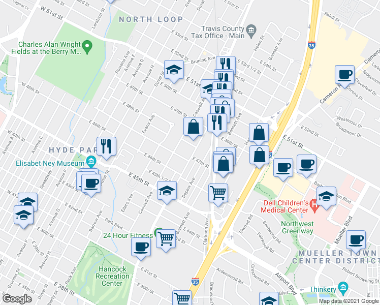 map of restaurants, bars, coffee shops, grocery stores, and more near 4625 Red River Street in Austin