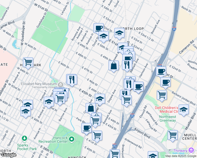 map of restaurants, bars, coffee shops, grocery stores, and more near 704 East 46th Street in Austin