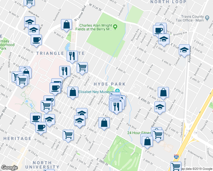 map of restaurants, bars, coffee shops, grocery stores, and more near in Austin
