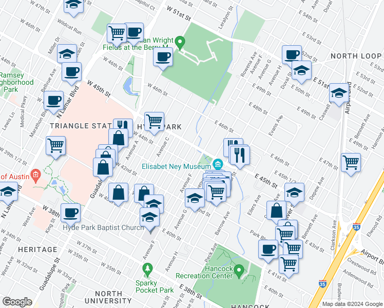 map of restaurants, bars, coffee shops, grocery stores, and more near in Austin