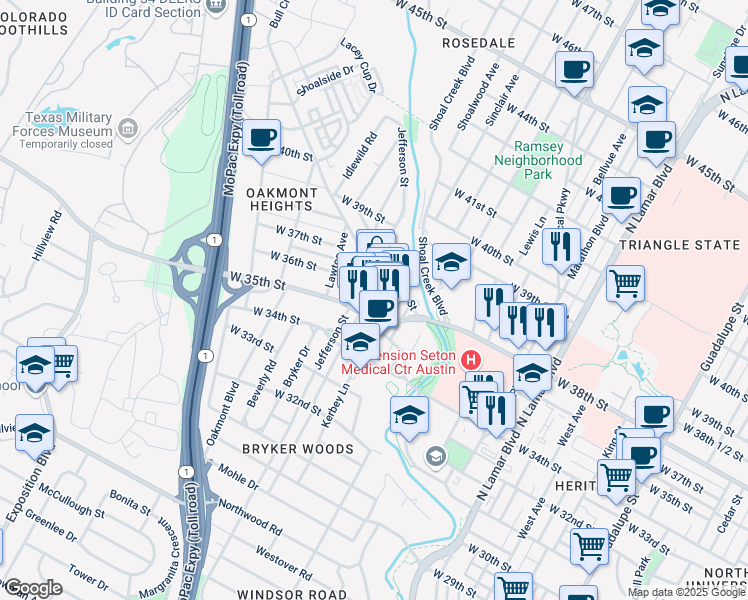 map of restaurants, bars, coffee shops, grocery stores, and more near 3503 Kerbey Lane in Austin