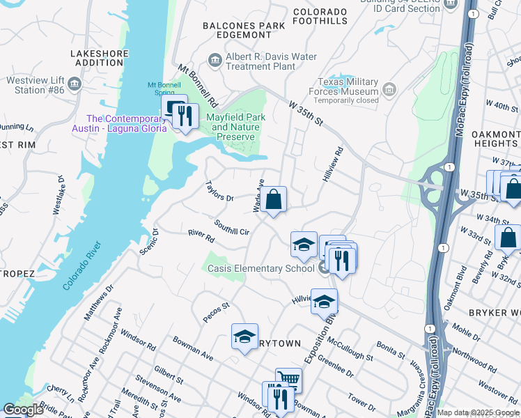 map of restaurants, bars, coffee shops, grocery stores, and more near 2801 Pecos Street in Austin