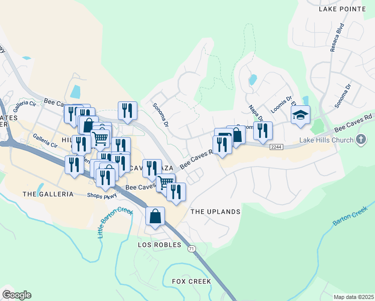 map of restaurants, bars, coffee shops, grocery stores, and more near 3759 Bayton Drive in Austin