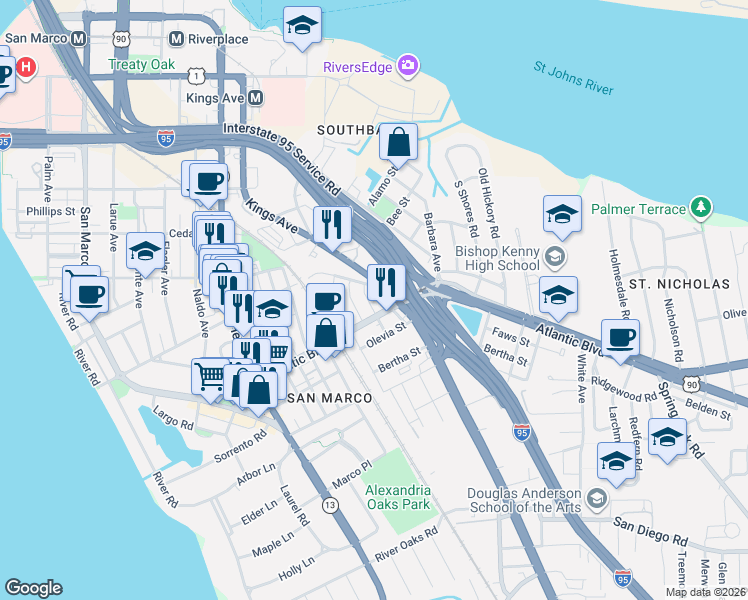 map of restaurants, bars, coffee shops, grocery stores, and more near in 