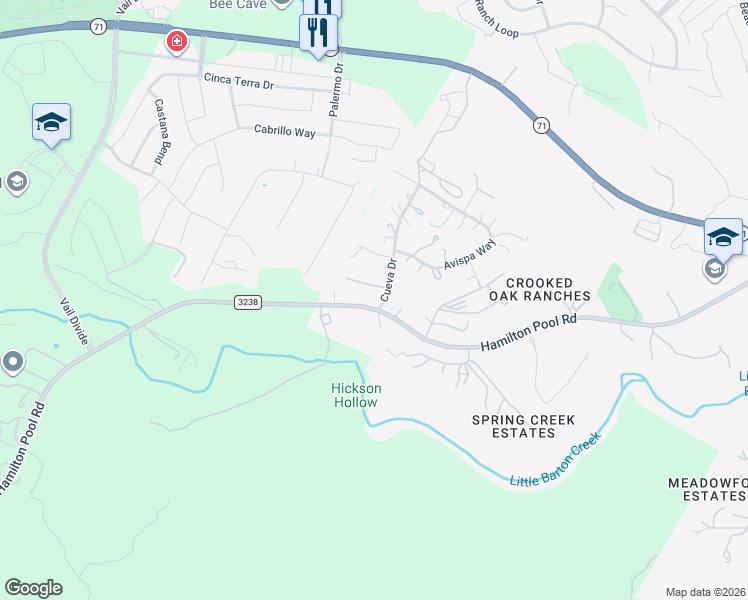 map of restaurants, bars, coffee shops, grocery stores, and more near 15101 Hamilton Pool Road in Austin