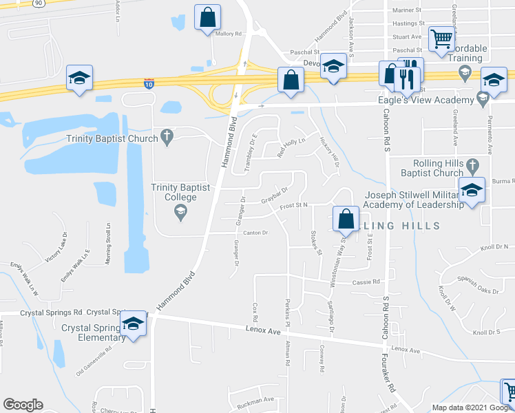 map of restaurants, bars, coffee shops, grocery stores, and more near 8518 Graybar Drive in Jacksonville