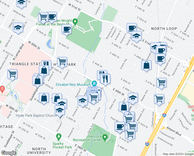 map of restaurants, bars, coffee shops, grocery stores, and more near 4507 Avenue G in Austin