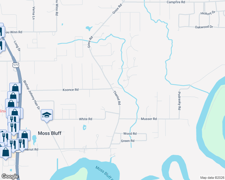 map of restaurants, bars, coffee shops, grocery stores, and more near 1399 Theriot Road in Moss Bluff