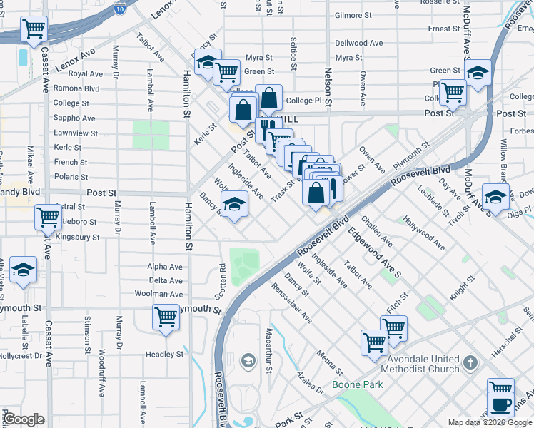 map of restaurants, bars, coffee shops, grocery stores, and more near 1146 Ingleside Avenue in Jacksonville