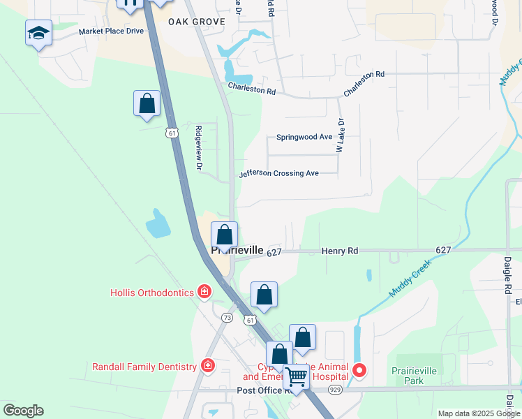 map of restaurants, bars, coffee shops, grocery stores, and more near 38061 1039 in Prairieville