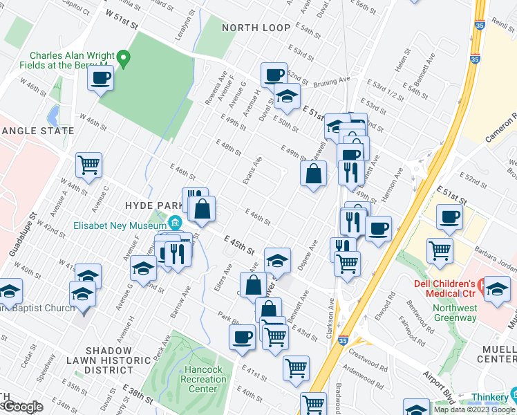map of restaurants, bars, coffee shops, grocery stores, and more near 4602 Eilers Avenue in Austin