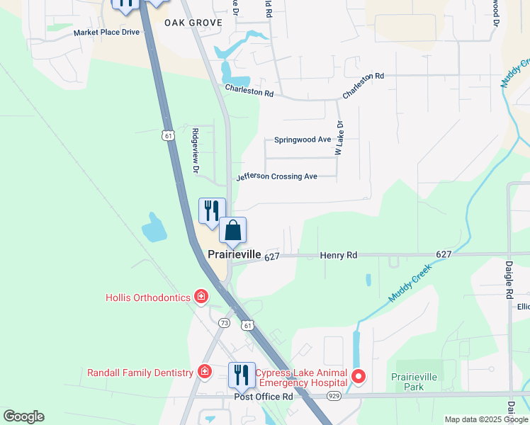 map of restaurants, bars, coffee shops, grocery stores, and more near 38061 Monticello Drive in Prairieville
