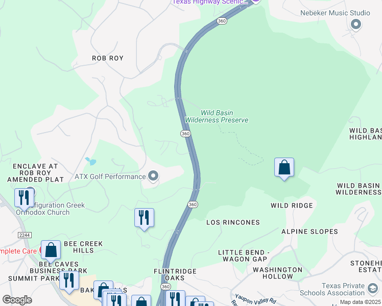 map of restaurants, bars, coffee shops, grocery stores, and more near 360 North Capital of Texas Highway in Austin