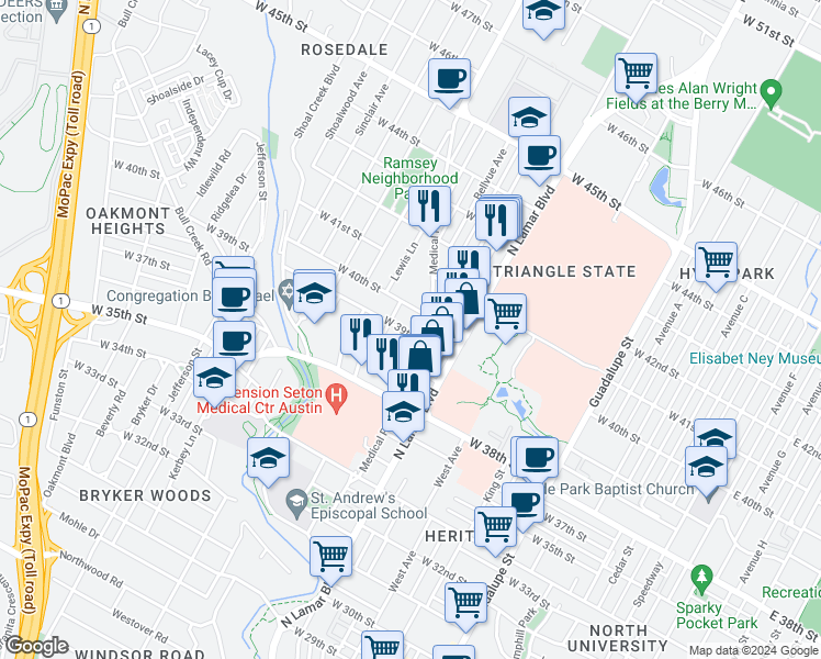 map of restaurants, bars, coffee shops, grocery stores, and more near 1202 West 39th 1/2 Street in Austin