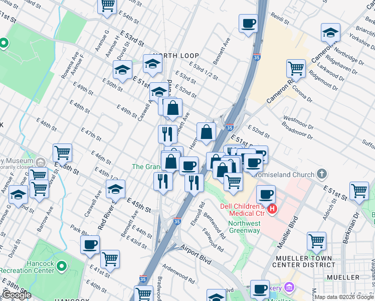map of restaurants, bars, coffee shops, grocery stores, and more near 1009 East 49th Street in Austin