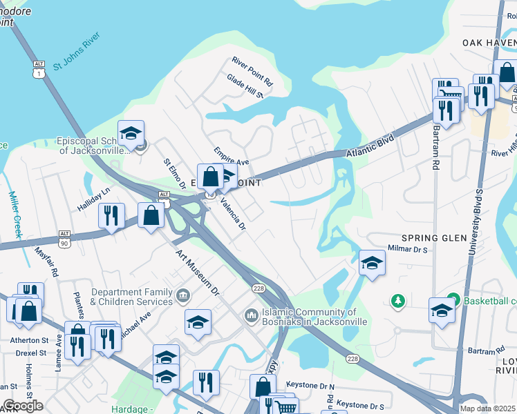 map of restaurants, bars, coffee shops, grocery stores, and more near 4800 Atlantic Boulevard in Jacksonville