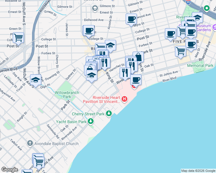 map of restaurants, bars, coffee shops, grocery stores, and more near 2730 Riverside Avenue in Jacksonville