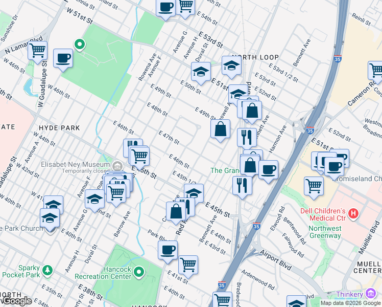 map of restaurants, bars, coffee shops, grocery stores, and more near 707 East 47th Street in Austin