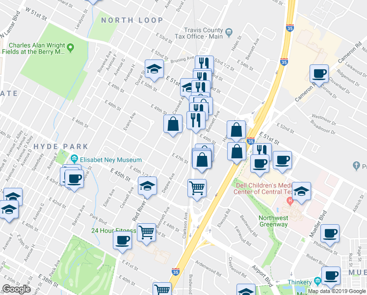 map of restaurants, bars, coffee shops, grocery stores, and more near 4709 Depew Avenue in Austin