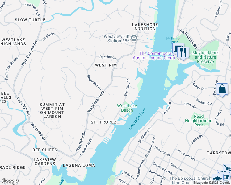 map of restaurants, bars, coffee shops, grocery stores, and more near 3900 Bennedict Lane in Austin