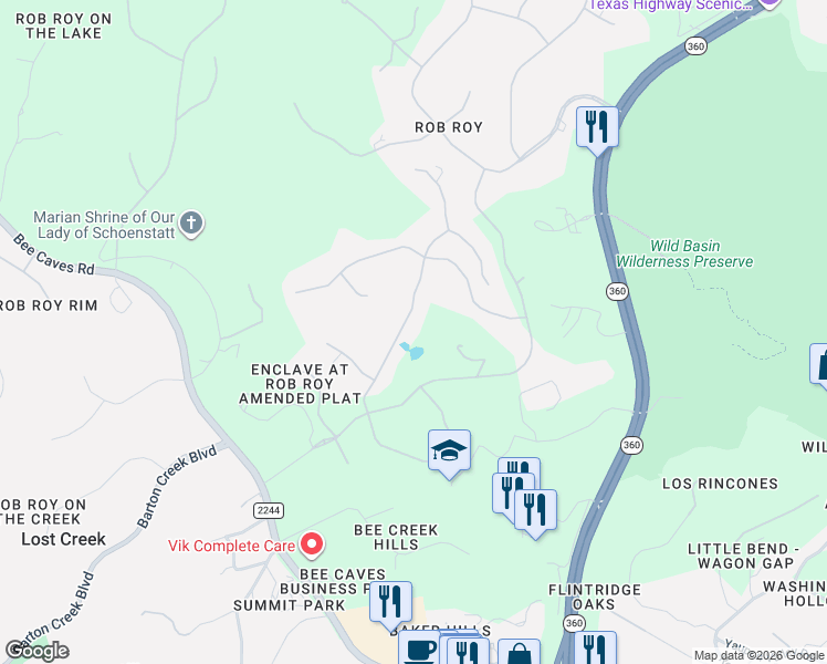 map of restaurants, bars, coffee shops, grocery stores, and more near 9 Rob Roy Road in Austin