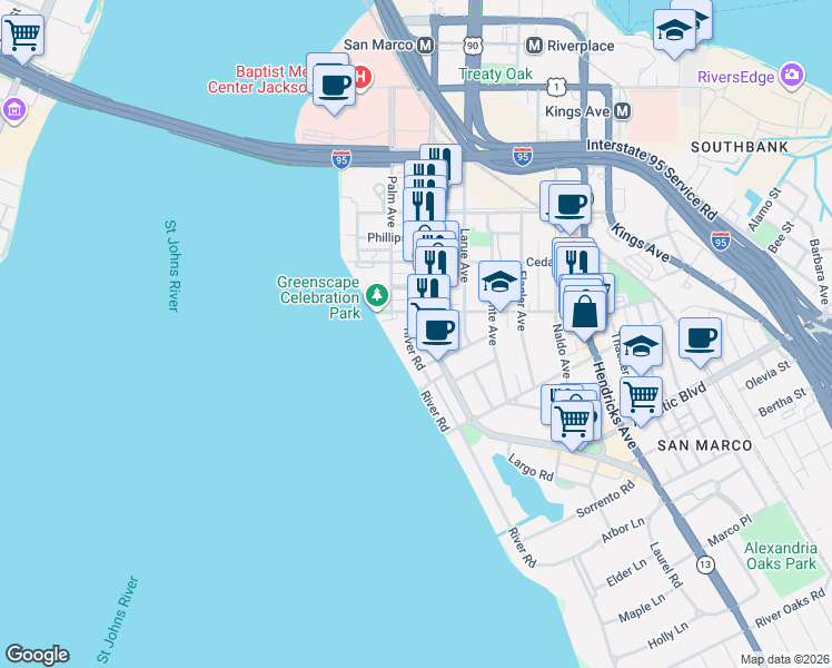 map of restaurants, bars, coffee shops, grocery stores, and more near 1662 River Road in Jacksonville
