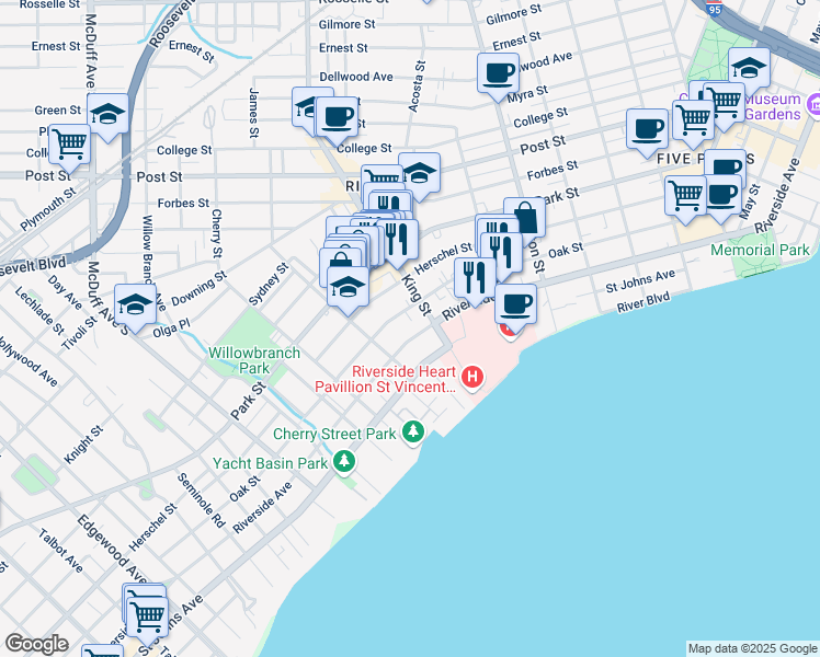 map of restaurants, bars, coffee shops, grocery stores, and more near 2730 Riverside Avenue in Jacksonville