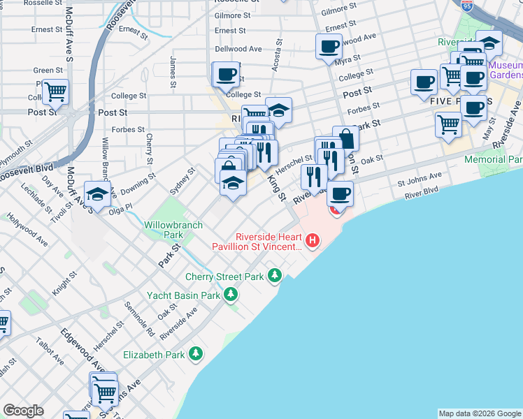 map of restaurants, bars, coffee shops, grocery stores, and more near 2730 Riverside Avenue in Jacksonville