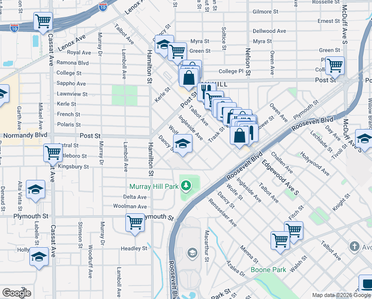 map of restaurants, bars, coffee shops, grocery stores, and more near 4115 Trask Street in Jacksonville