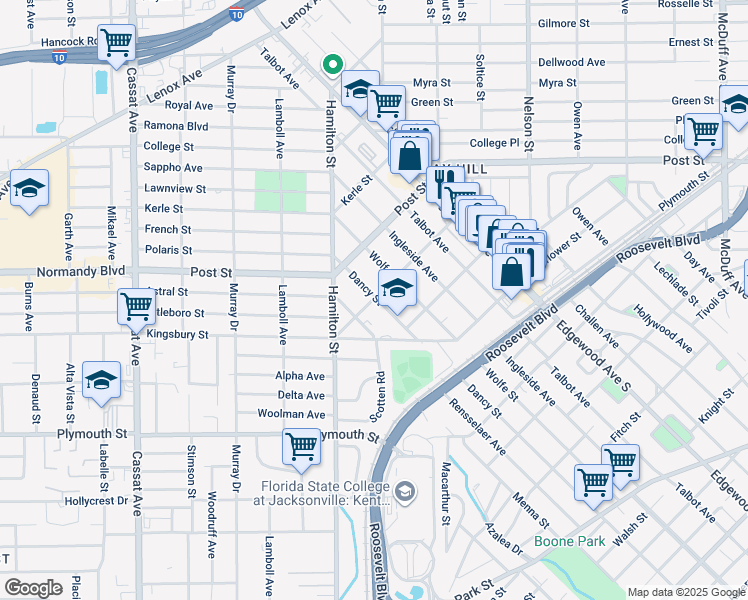 map of restaurants, bars, coffee shops, grocery stores, and more near 1072 Dancy Street in Jacksonville