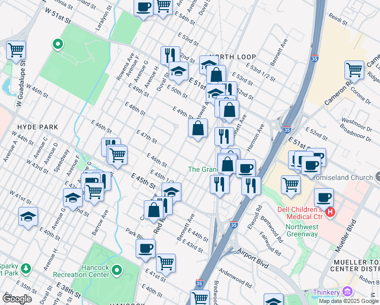 map of restaurants, bars, coffee shops, grocery stores, and more near 803 East 47th Street in Austin