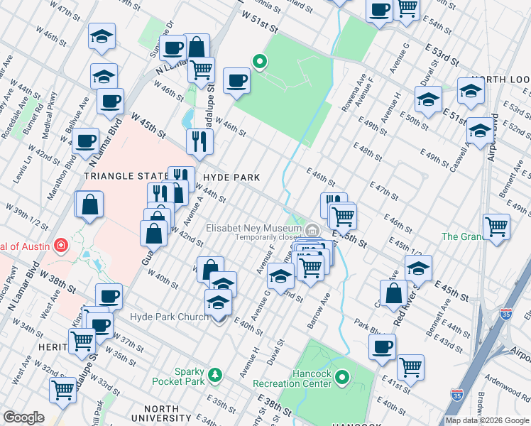 map of restaurants, bars, coffee shops, grocery stores, and more near 4310 Speedway in Austin