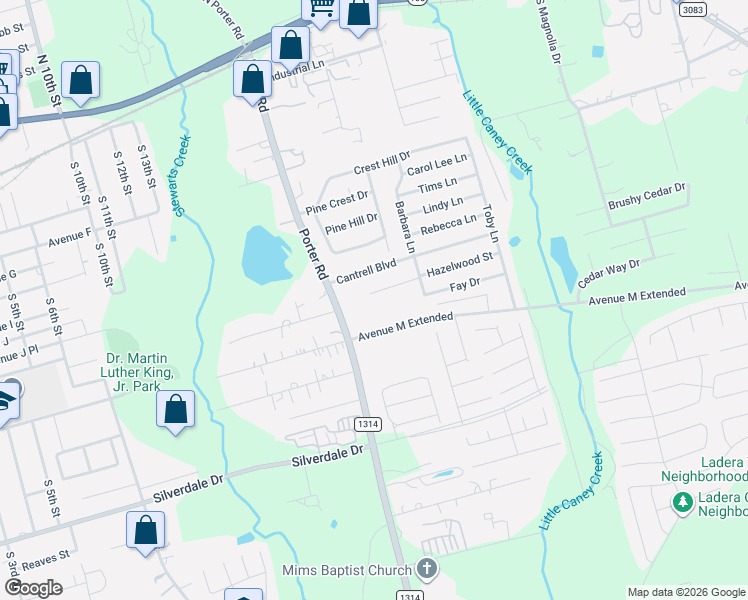 map of restaurants, bars, coffee shops, grocery stores, and more near 1604 Hazelwood Street in Conroe