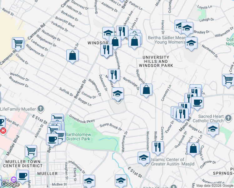 map of restaurants, bars, coffee shops, grocery stores, and more near 5503 Mapleleaf Drive in Austin