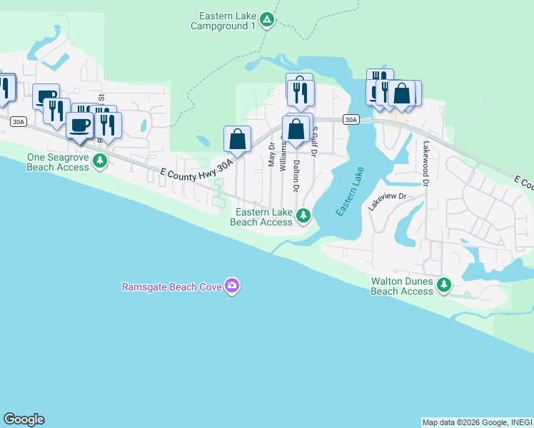 map of restaurants, bars, coffee shops, grocery stores, and more near 28 Camelot Lane in Santa Rosa Beach