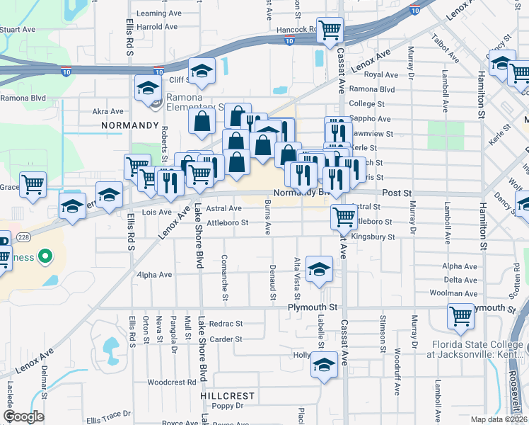 map of restaurants, bars, coffee shops, grocery stores, and more near 5204 Astral Street in Jacksonville
