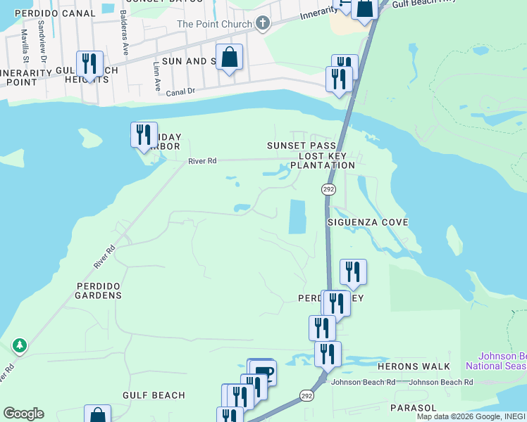 map of restaurants, bars, coffee shops, grocery stores, and more near 608 Clubhouse Terrace in Pensacola