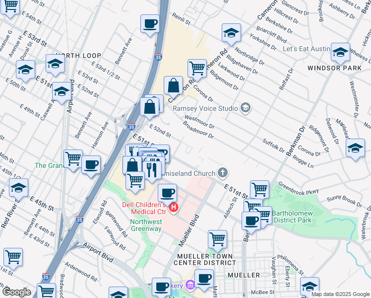 map of restaurants, bars, coffee shops, grocery stores, and more near 1308 East 51st Street in Austin