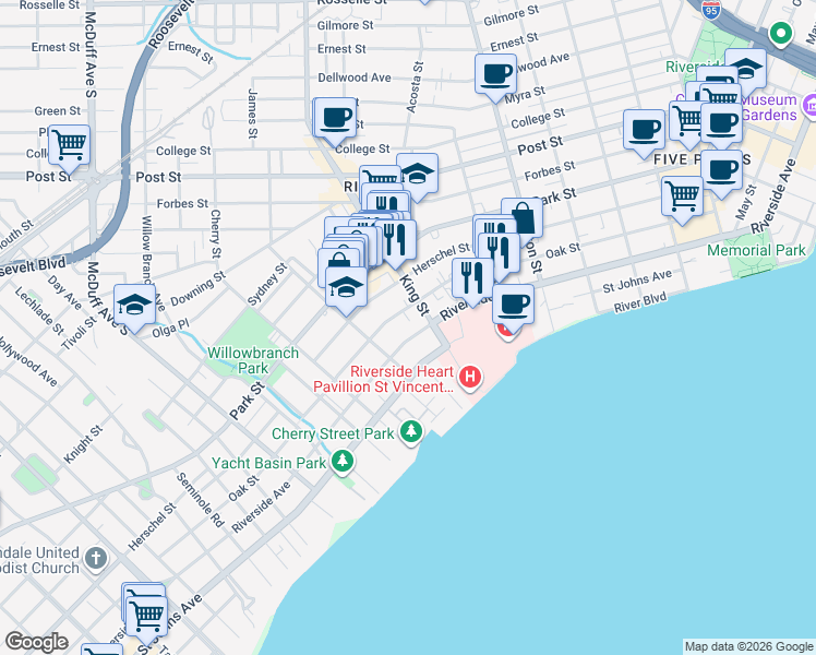 map of restaurants, bars, coffee shops, grocery stores, and more near 2727 Riverside Avenue in Jacksonville
