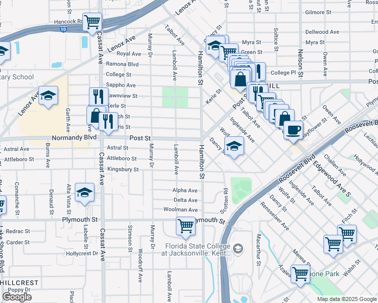 map of restaurants, bars, coffee shops, grocery stores, and more near 4534 Astral Street in Jacksonville