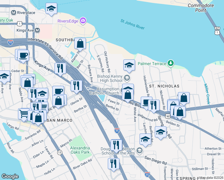 map of restaurants, bars, coffee shops, grocery stores, and more near 2275 Atlantic Boulevard in Jacksonville
